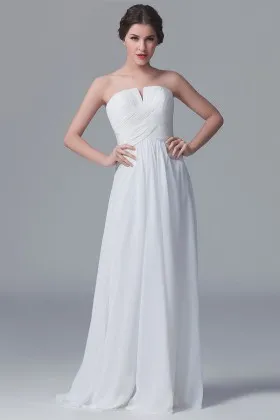 Strapless V cut criss cross white chiffon floor length A line bridesmaid dress