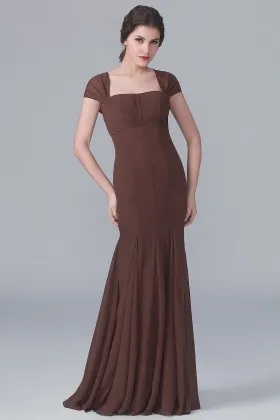 Brown chiffon vintage cap sleeve drop waist pleated trumpet bridesmaid dress