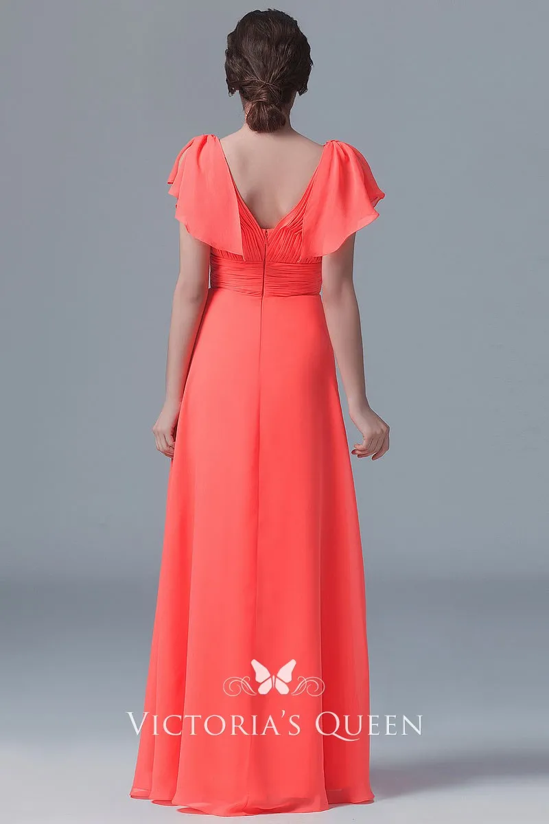 Cap Sleeves V-neck Chiffon Dress with Slit Coral