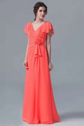 Puffy cap sleeve v neck pleated 3D flowers coral chiffon modern bridesmaid dress