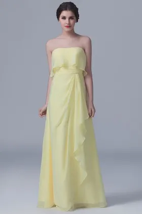 Strapless ruffled daffodil chiffon floor length A line long bridesmaid dress