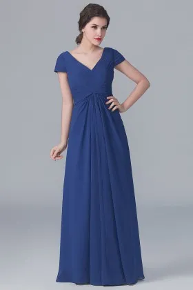 Cap sleeve V neck navy blue pleated chiffon vintage A line long bridesmaid dress
