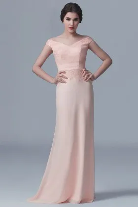 Off the shoulder blush lace and chiffon elegant floor length bridesmaid dress