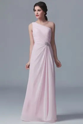 Asymmetrical pleated one shoulder baby pink chiffon bridesmaid long formal dress