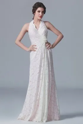 Illusion white lace over pink lining romantic scalloped halter bridesmaid dress