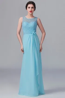 Pastel blue lace and chiffon illusion sweetheart floor length A line bridesmaid dress