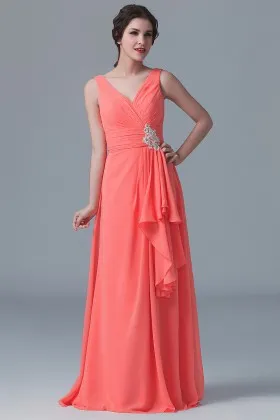 Orange chiffon ruffled modest V neck long A line bridesmaid dress