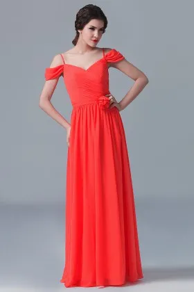 Bright orange chiffon Off the shoulder spaghetti strap cute long bridesmaid dress