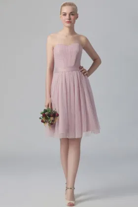 blush tulle pleated strapless sweetheart knee length short A line bridesmaid dress