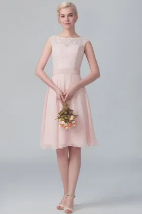 pearl pink lace and chiffon cap sleeved Illusion short A line bridesmaid dress