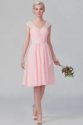 Sweetheart pink chiffon short A line cute lace cap sleeve bridesmaid dress