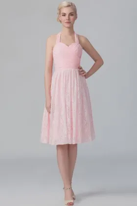 Pink lace and chiffon cute halter sweetheart criss cross ruched short bridesmaid dress