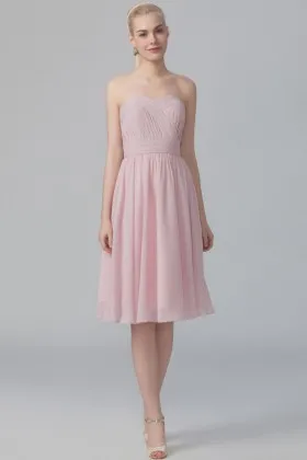 Powder pink chiffon strapless knee length short bridesmaid dress