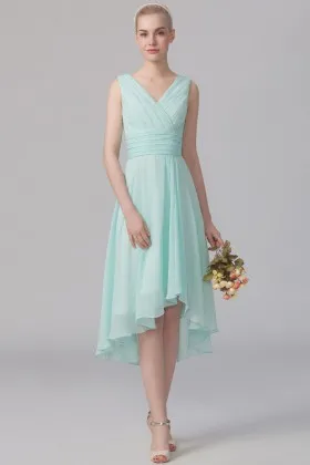Mint green chiffon sleeveless V neck ruffled high low short bridesmaid dress