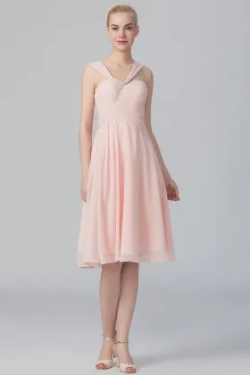 Blush chiffon short casual knee length bridesmaid dress with shoulder straps