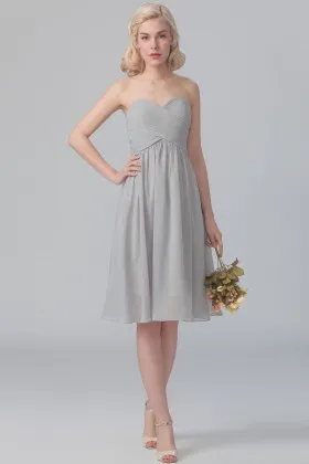 Grey chiffon strapless sweetheart empire waist short simple bridesmaid dress