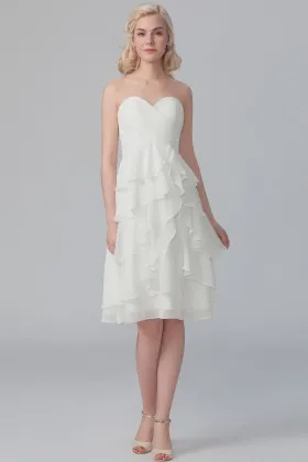 Off white ruffled chiffon short strapless sweetheart bridesmaid dress