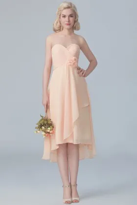 Peach chiffon cute 3D flowers strapless sweetheart pleated short bridesmaid dress