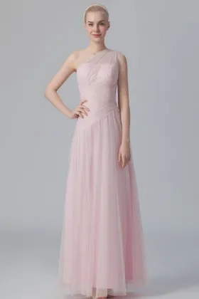 Pale pink tulle Grecian style one shoulder long bridesmaid dress
