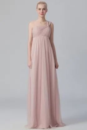 Blush tulle elegant one strap empire waist floor length A line bridesmaid dress