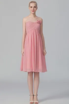 Rose pink chiffon simple strapless rose detail empire waist short bridesmaid dress