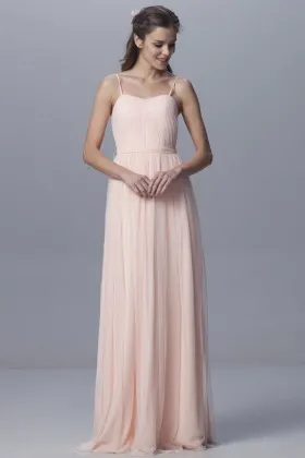 Blush shirred chiffon semi sweetheart spaghetti strap A line long bridesmaid dress