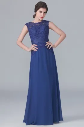 Twilight blue lace and chiffon vintage cap sleeve long A line bridesmaid dress