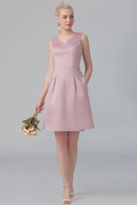 Rose satin modern sleeveless V neck short A line bridesmaid dress with pockets