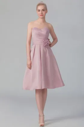 Rose satin classic strapless 3D rose flower short A line bridesmaid dress