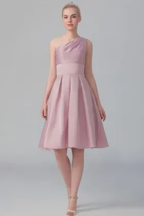 Rose satin Grecian style one shoulder short A line knee length bridesmaid dress
