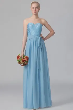 Light blue lace and chiffon simple sweetheart Neck A line long bridesmaid dress