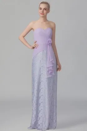 lavender chiffon and lace strapless modern sheath long bridesmaid dress