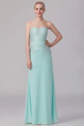 Mint green lace peplum and A line chiffon modern strapless bridesmaid dress