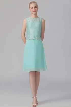 Mint green lace and chiffon short sleeveless bateau peplum bridesmaid dress