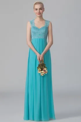 queen anne neck pool blue lace and chiffon empire long bridesmaid dress