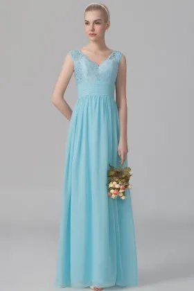 Pastel blue lace and chiffon V neck empire waist A line long bridesmaid dress