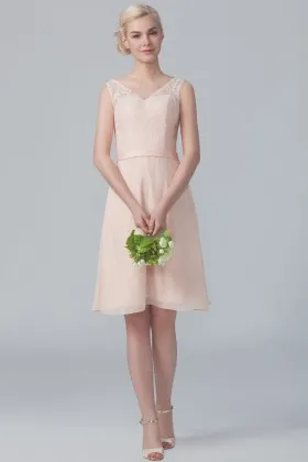 Blush lace and chiffon modest sleeveless V neck short A line bridesmaid dress