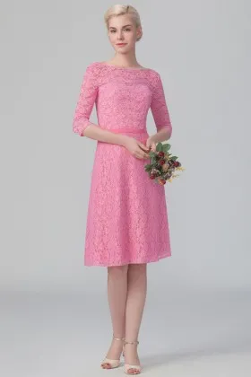 Beautiful pink lace elbow sleeve bateau neckline short A line bridesmaid dress