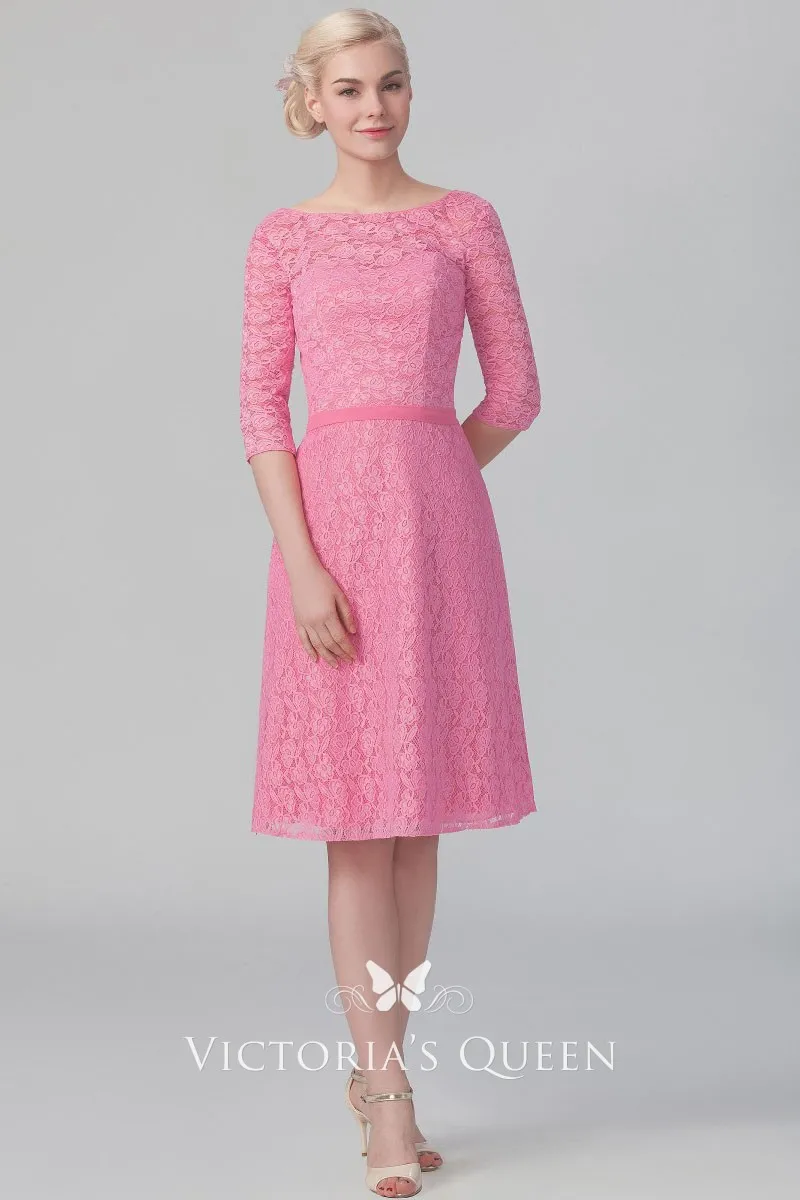 Pink Lace Elbow Sleeve Short A-line Bridesmaid Dress - VQ