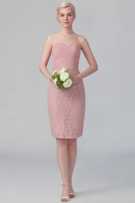 English blush chiffon and lace vintage short strapless sheath bridesmaid dress