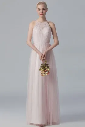 Soft pink tulle vintage halter illusion A line long bridesmaid dress