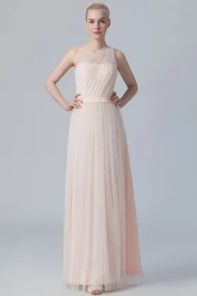 Blush tulle Grecian style Illusion one strap floor length A line bridesmaid dress