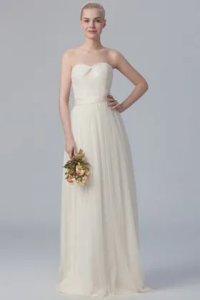 Cream tulle simple strapless ruched A line long bridesmaid dress