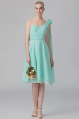 Mint green chiffon cute rose accented one shoulder strap short bridesmaid dress