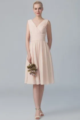 pleated blush chiffon casual sleeveless V neck short A line bridesmaid dress