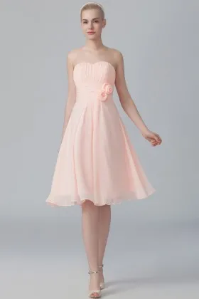 peach chiffon strapless cute 3d flowers short a line bridesmaid dress