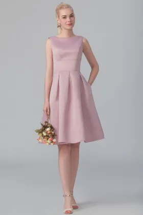 Rose pink satin simple sleeveless boat neckline short bridesmaid dress with pockets