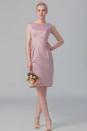 sleeveless bateau neckline simple rose pink satin short slim bridesmaid dress