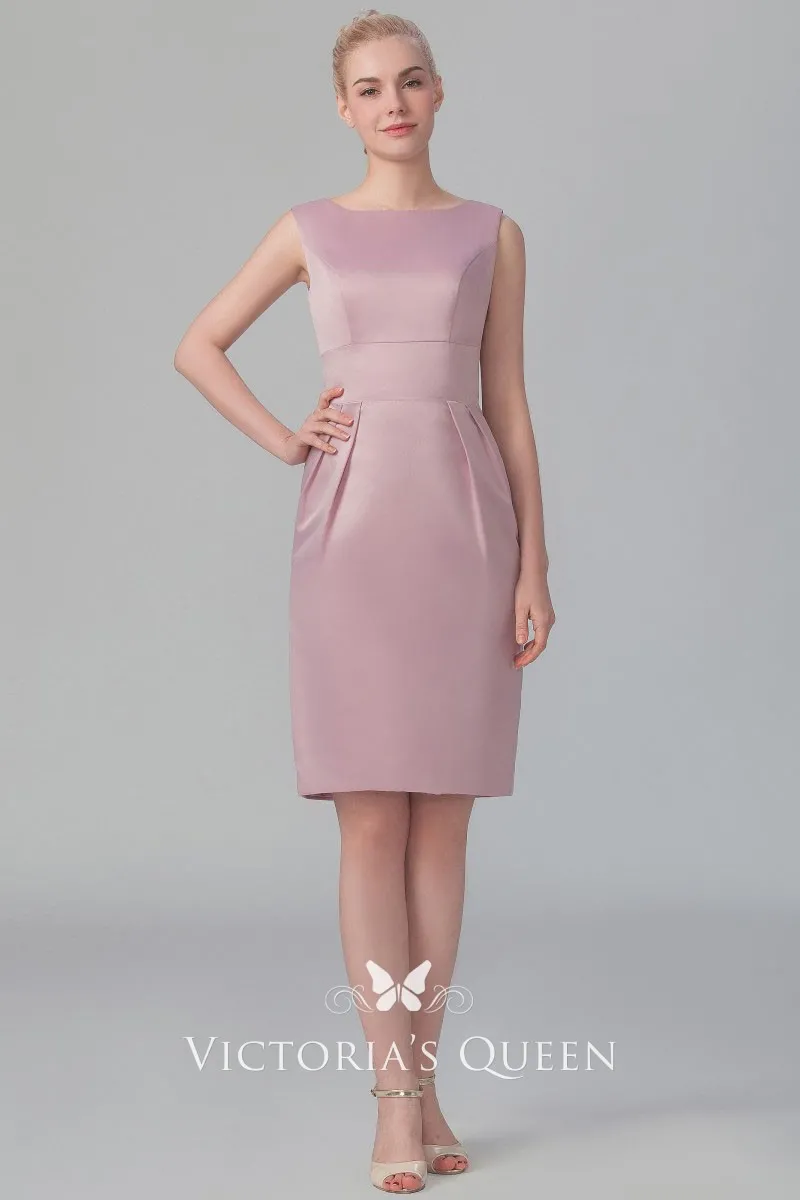 sleeveless bateau neckline vintage rose pink satin short wedding guest dress