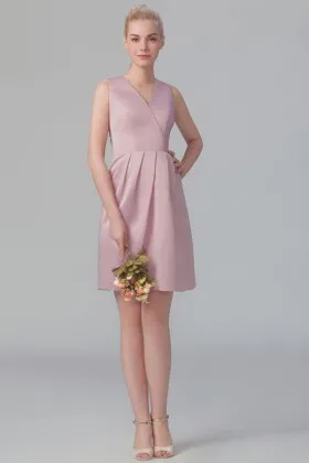Blushing pink satin classic sleeveless V neck short bridal party bridesmaid dress